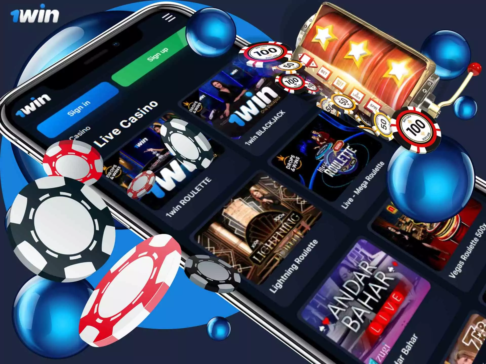 Find slots, poker, blackjack, roulette and other games in the 1win mobile casino.