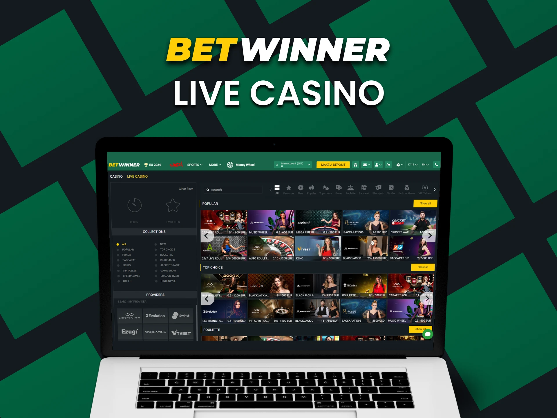 Choose the live casino section from Betwinner.