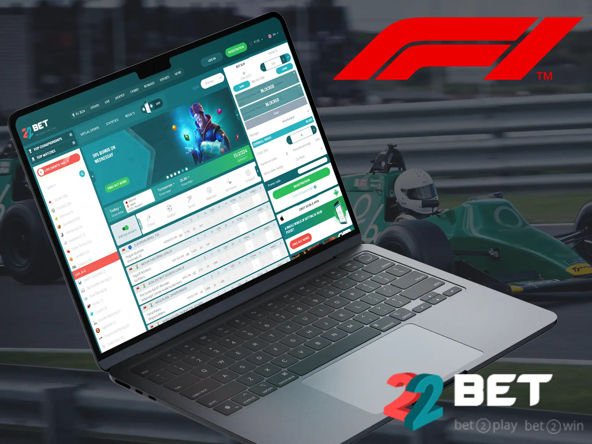 You can bet on sports and Formula 1 with 22bet.