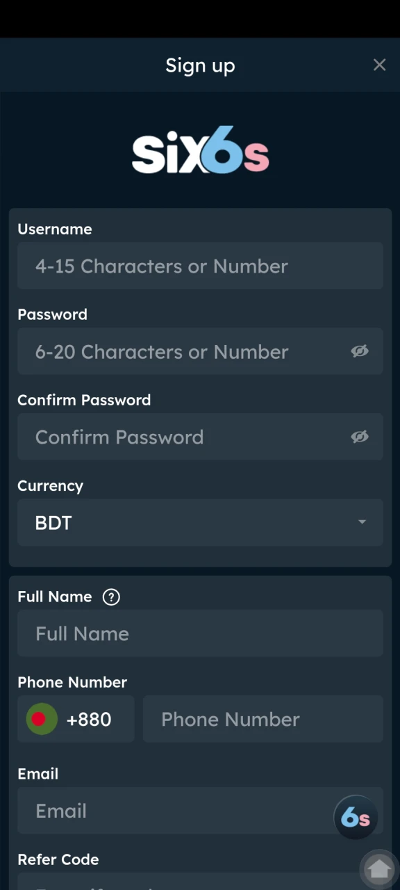 Fill out the information in the Six6s registration form.