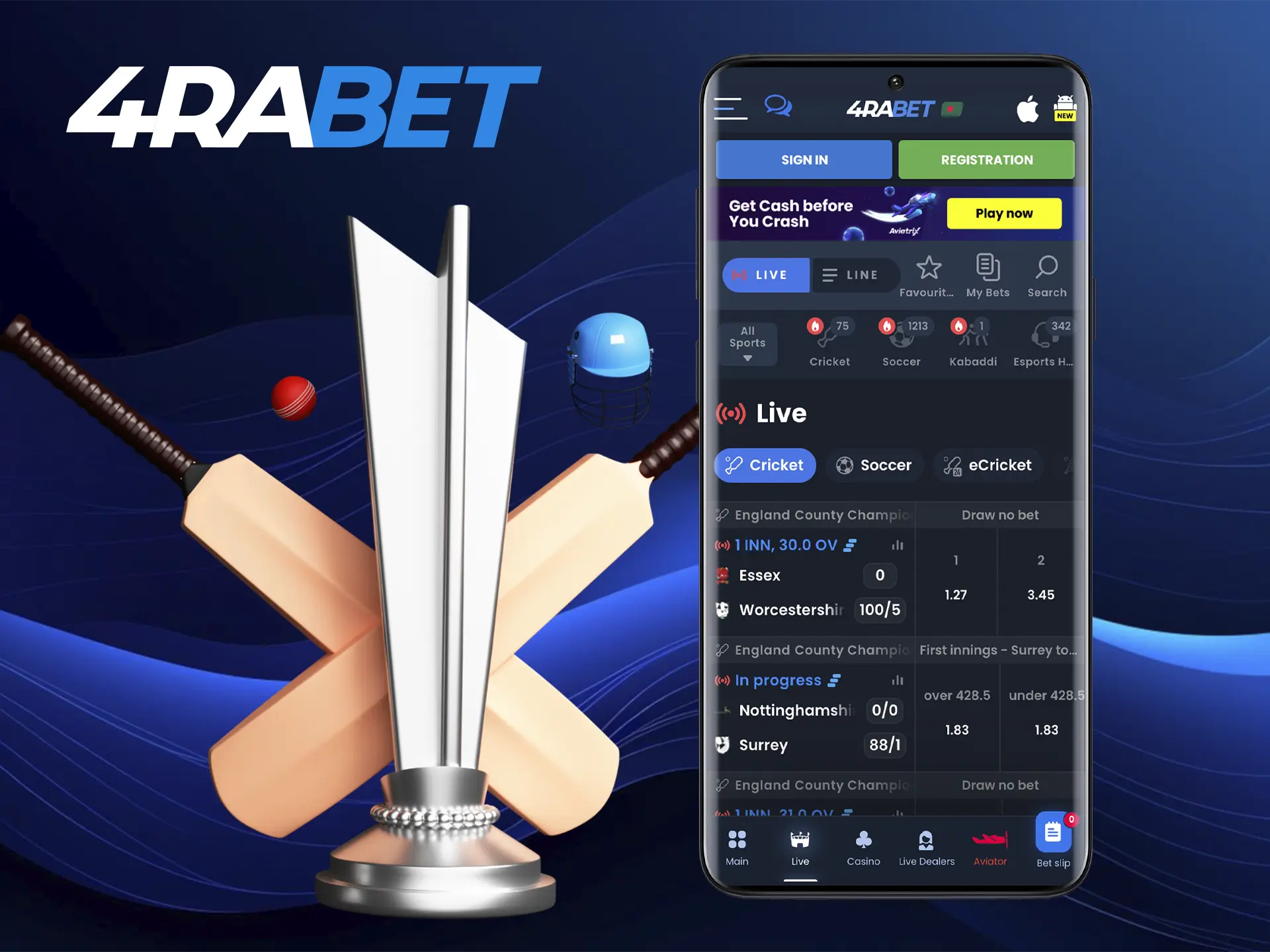 Watch and bet on the most famous cricket tournament events on the 4rabet app.