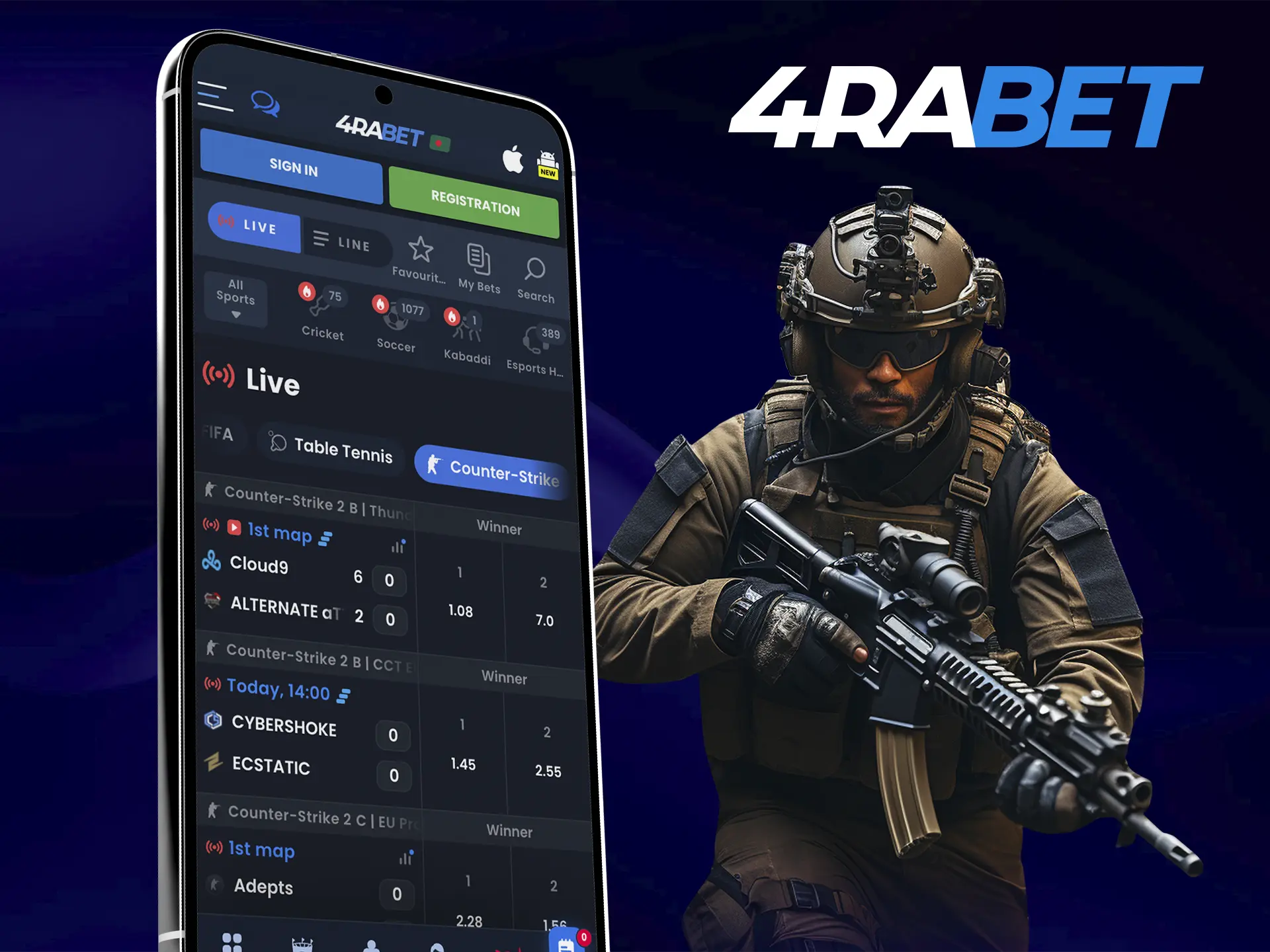 The 4rabet app gives you the opportunity to bet on Counter Strike wherever you are.