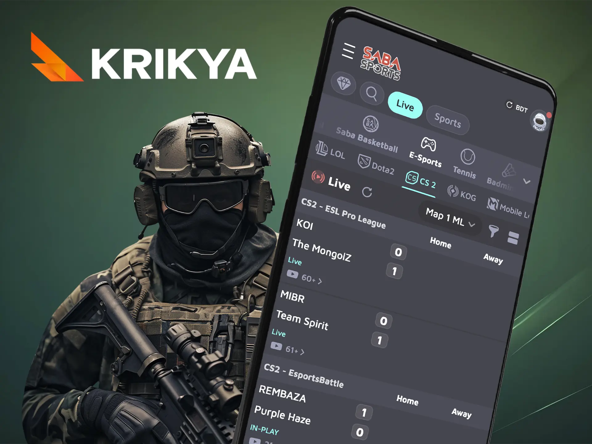 Use the stable and fast Krikya app to bet on Counter Strike.