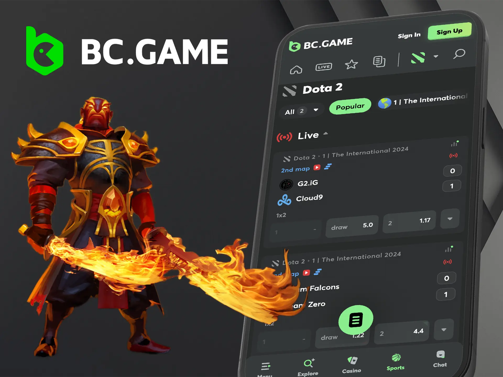 Place a bet on a Dota 2 match at BC Game bookmaker.