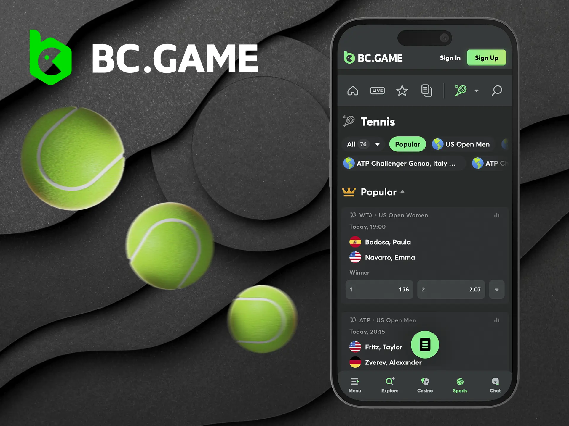 Watch the best tennis matches online on the BC Game app.