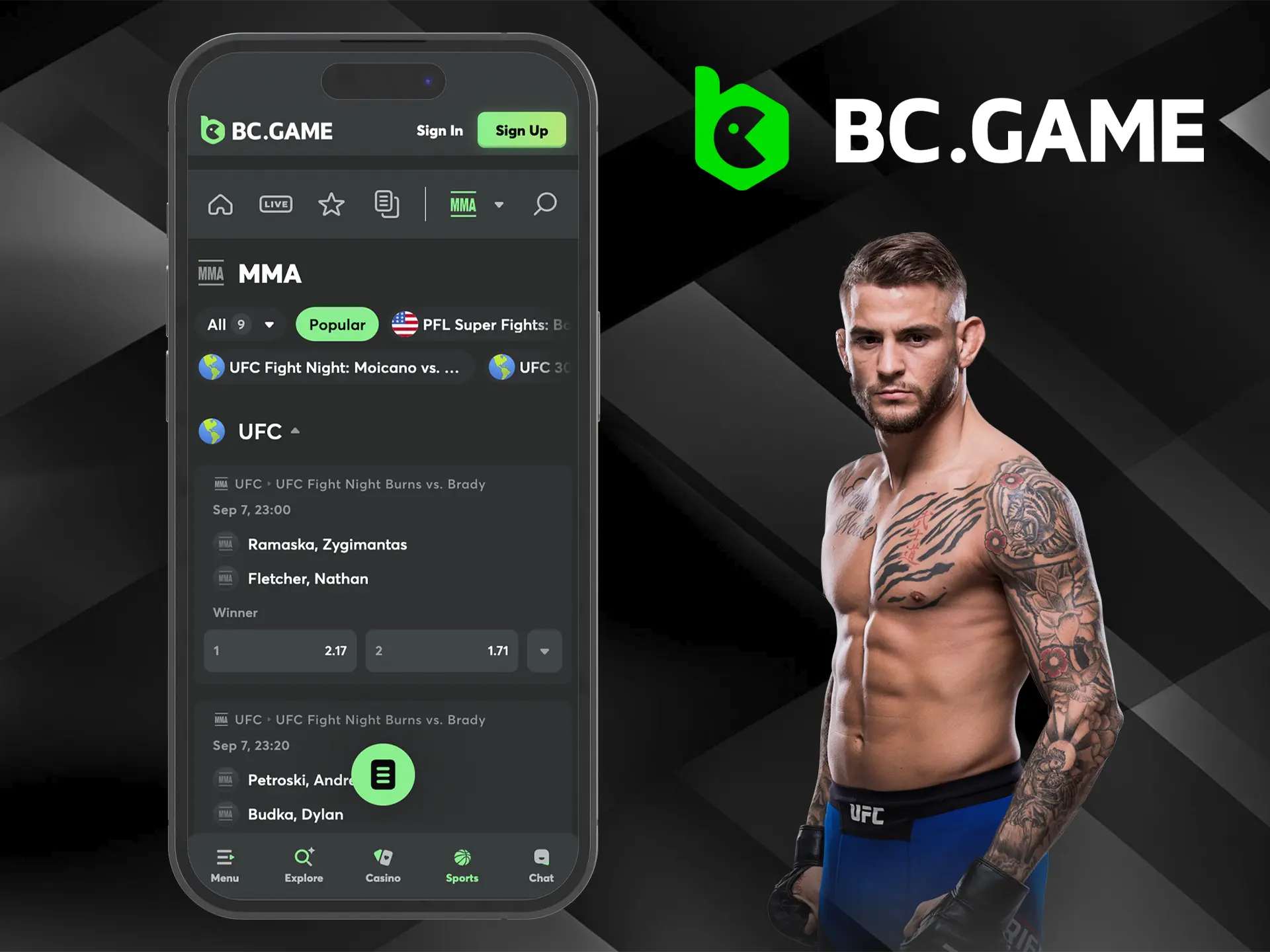 Bet on the UFC using the BC Game app, as all the biggest and most famous events are available.