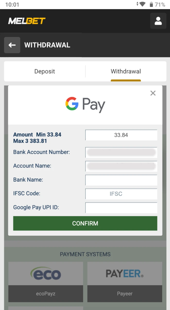 What a player must do to complete a withdrawal transaction using the Google Pay payment system on a casino website.