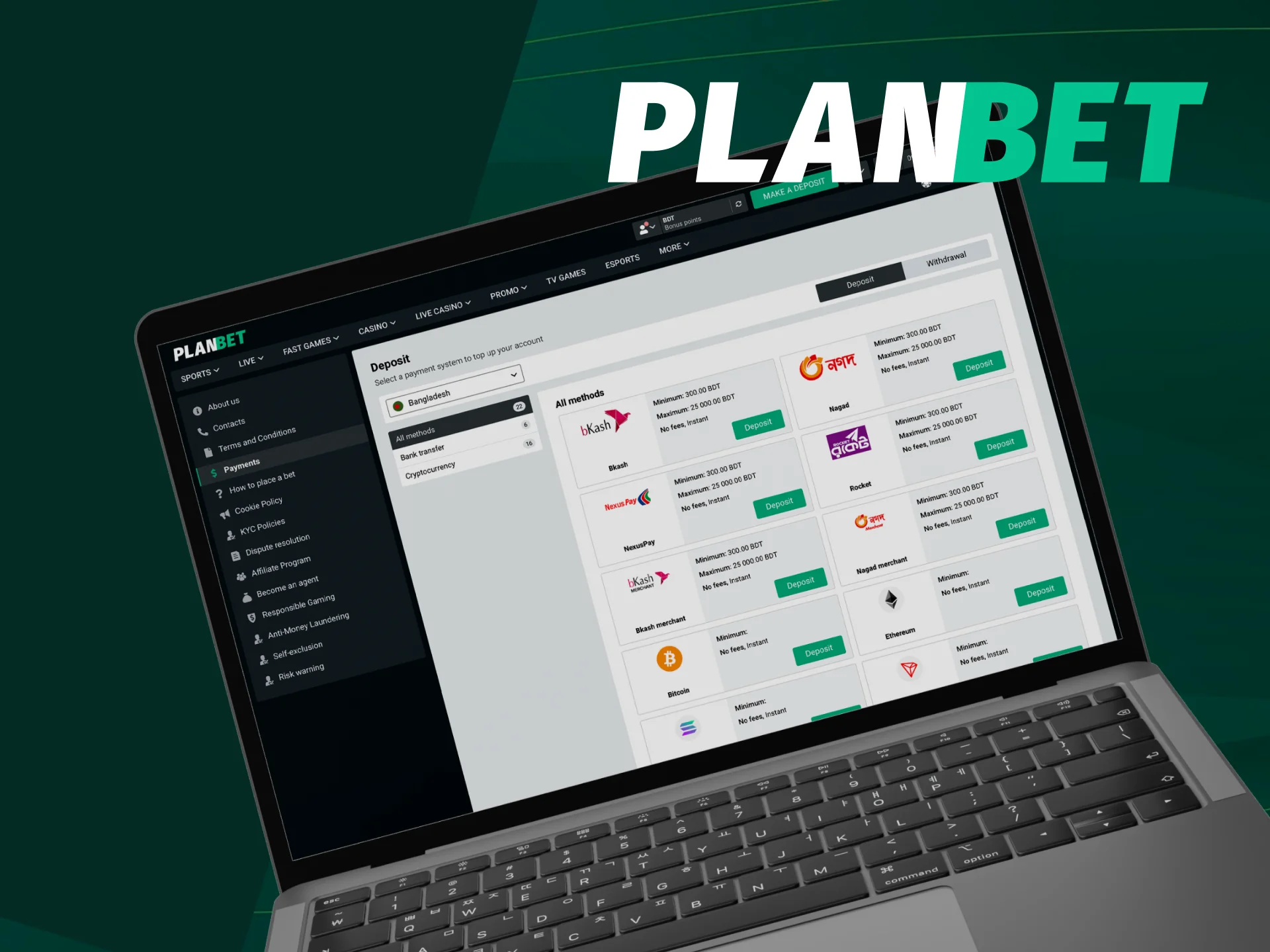 Payment methods on the PlanBet website.