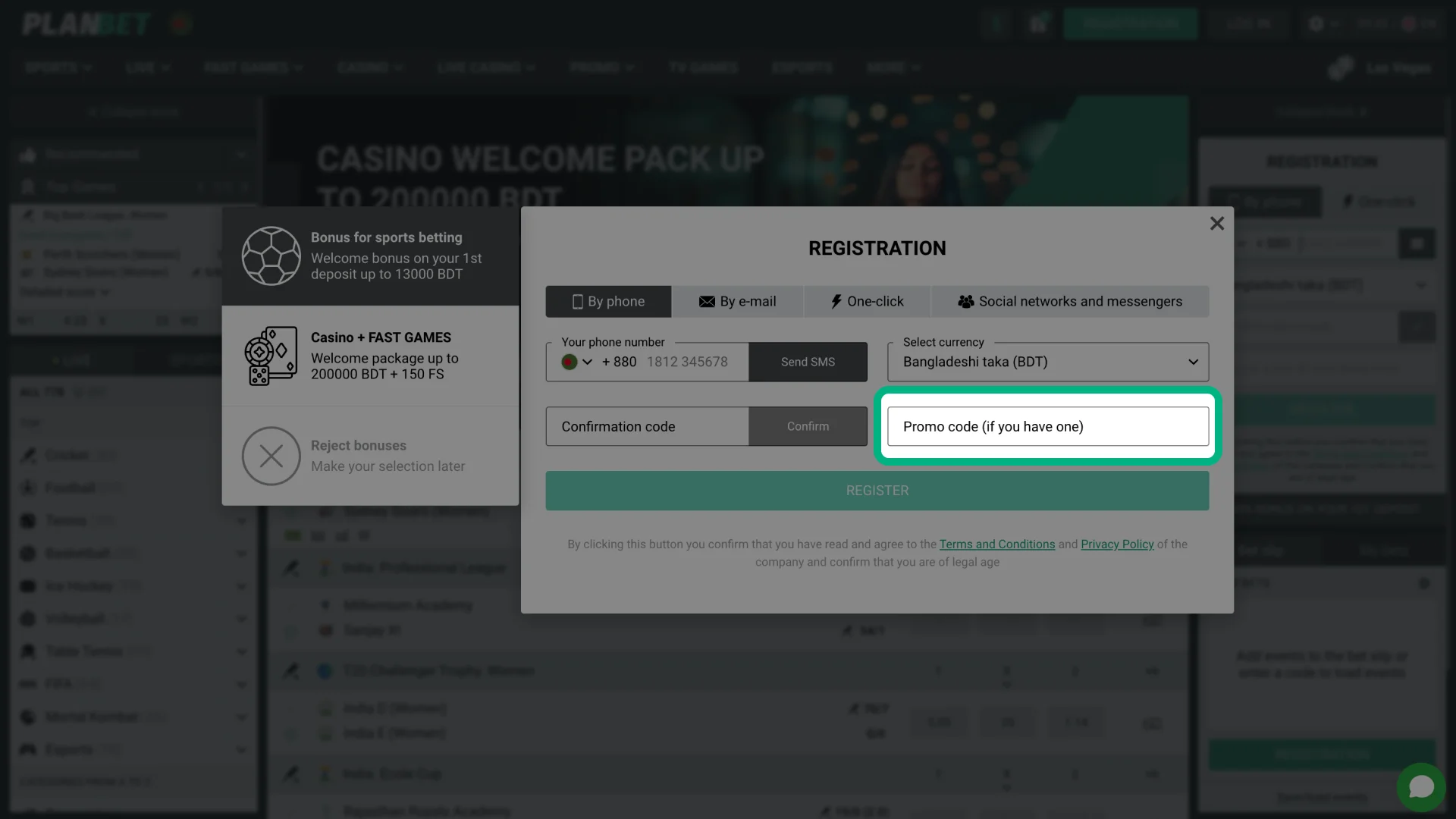 Enter the promo code in PlanBet registration.