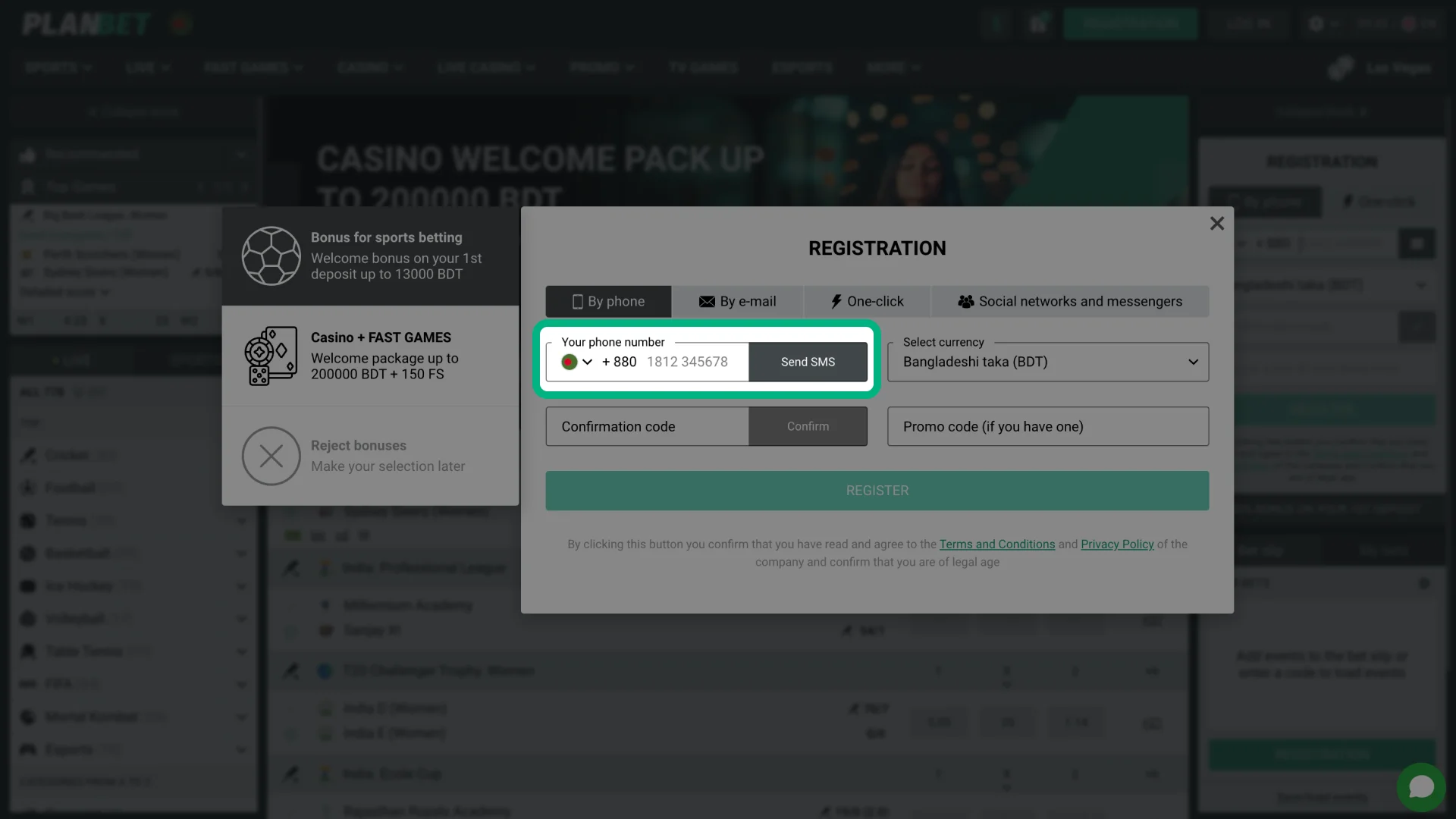 Enter your phone number in the PlanBet registration.