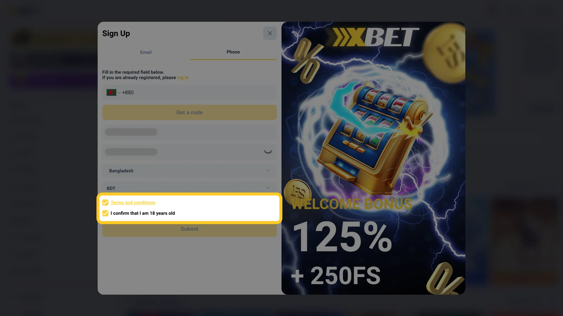 Check the box to agree to Xxxbet terms and confirm your age.