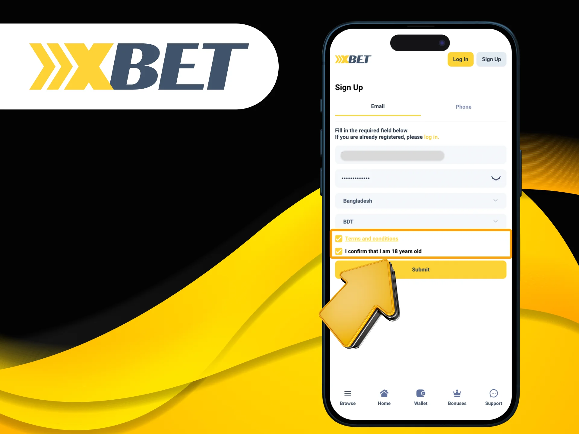 Check the box to confirm you are 18 or older and agree to the Xxxbet terms.