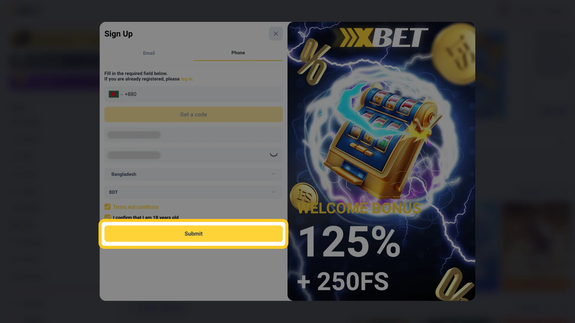 Press Submit to complete the registration process at Xxxbet.