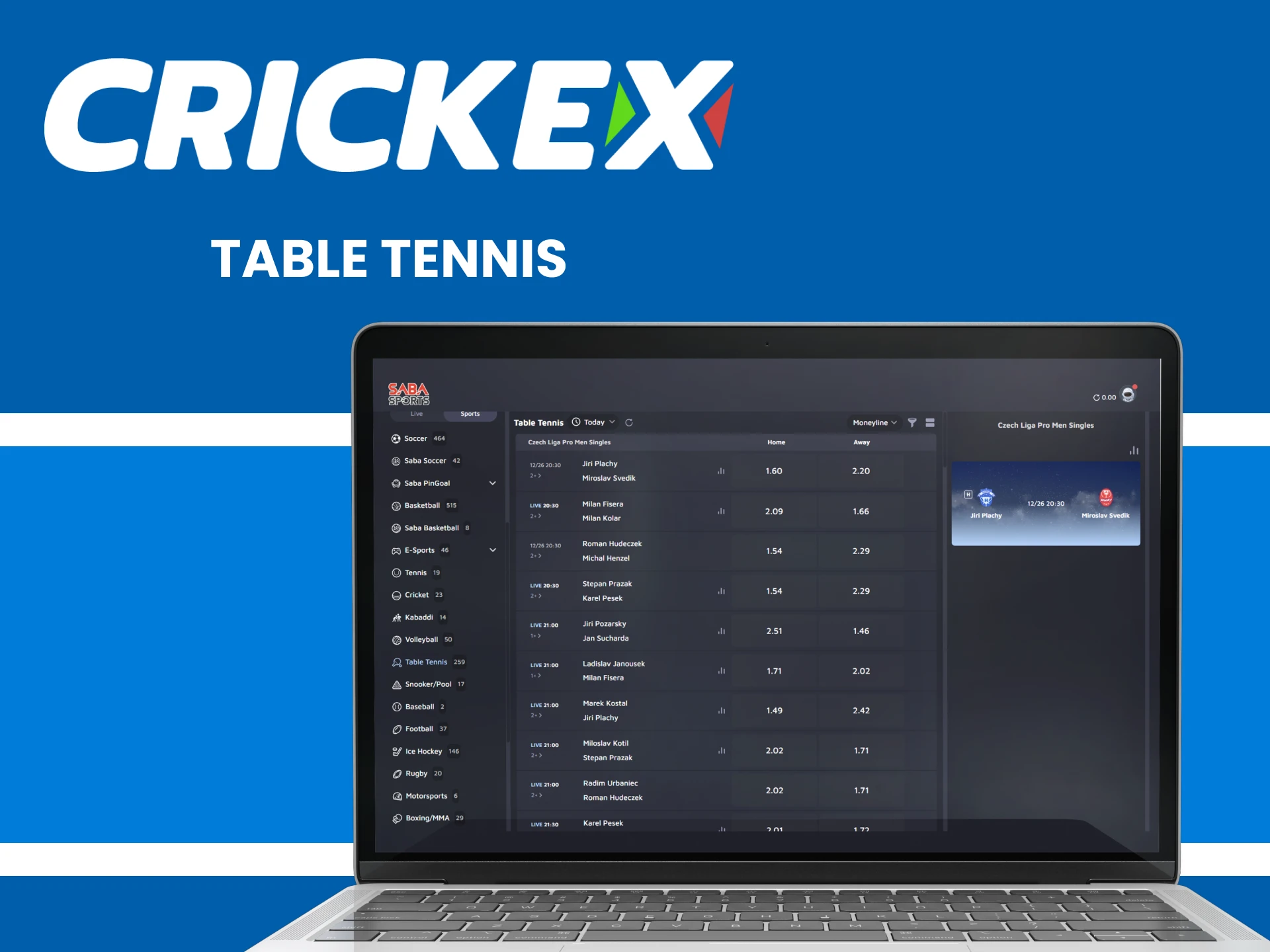 Choose table tennis for betting on Crickex.