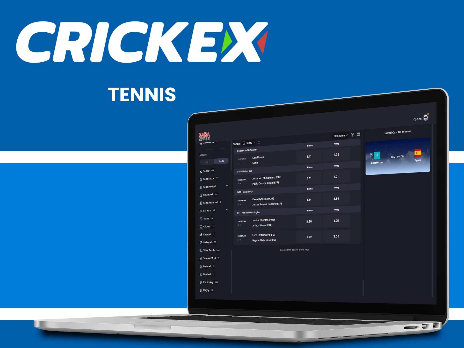 Place your bets on tennis with Crickex.