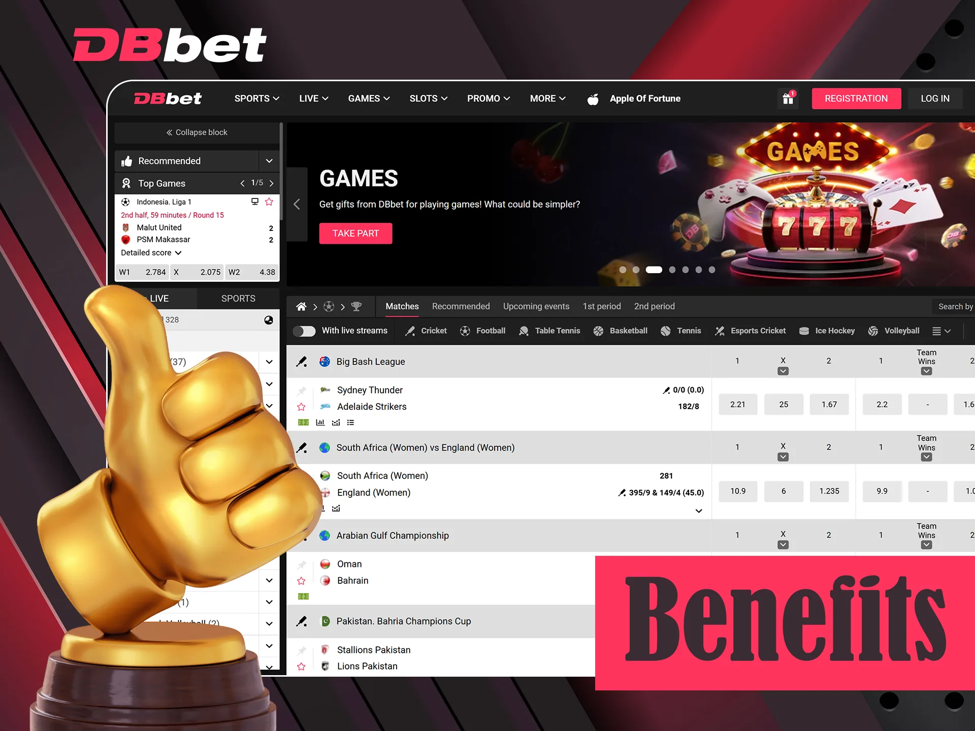 DBbet provides huge variety of sports to bet on and casino games for playing.