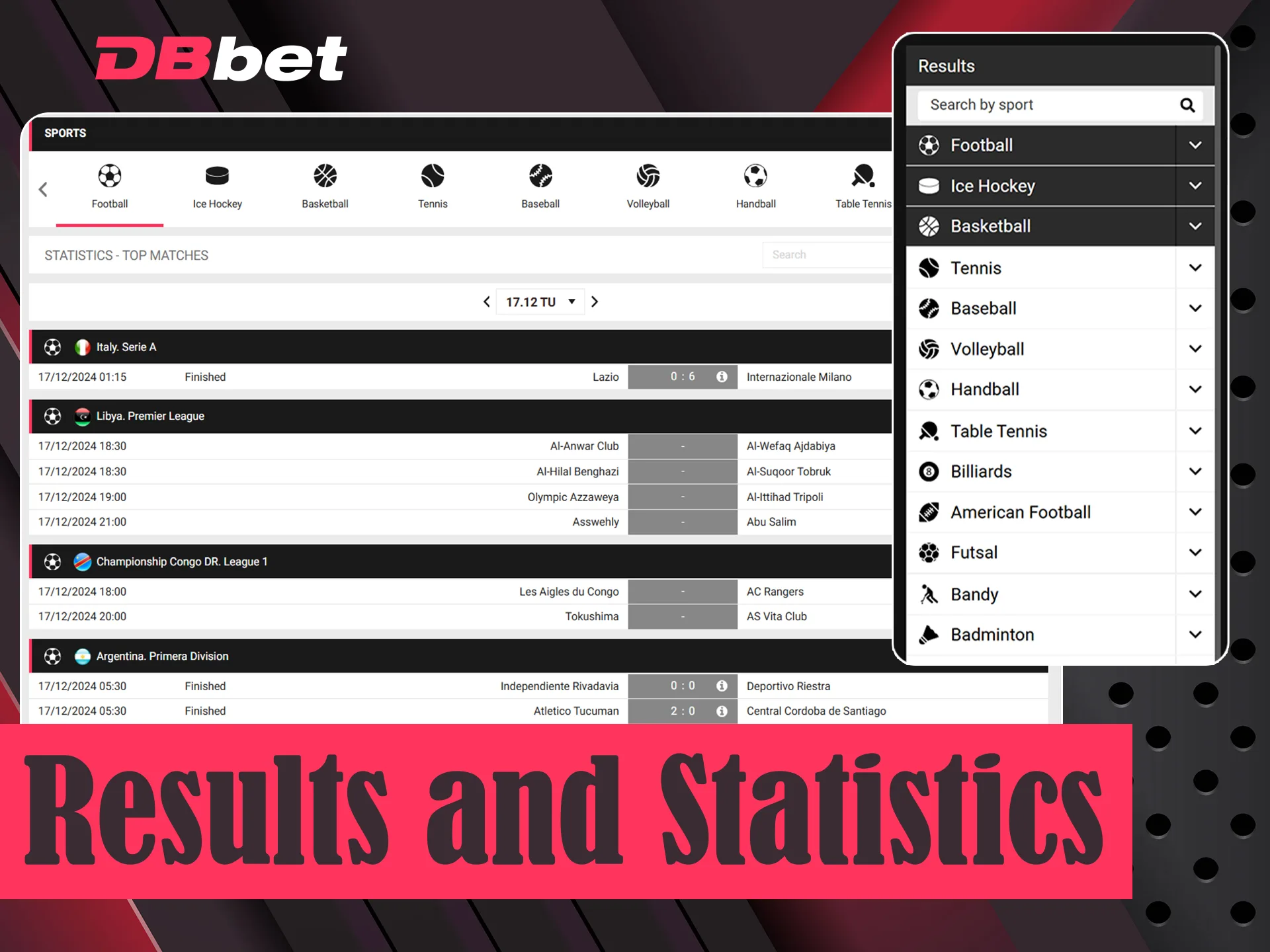 Check results and statistics of previous matches at DBbet.