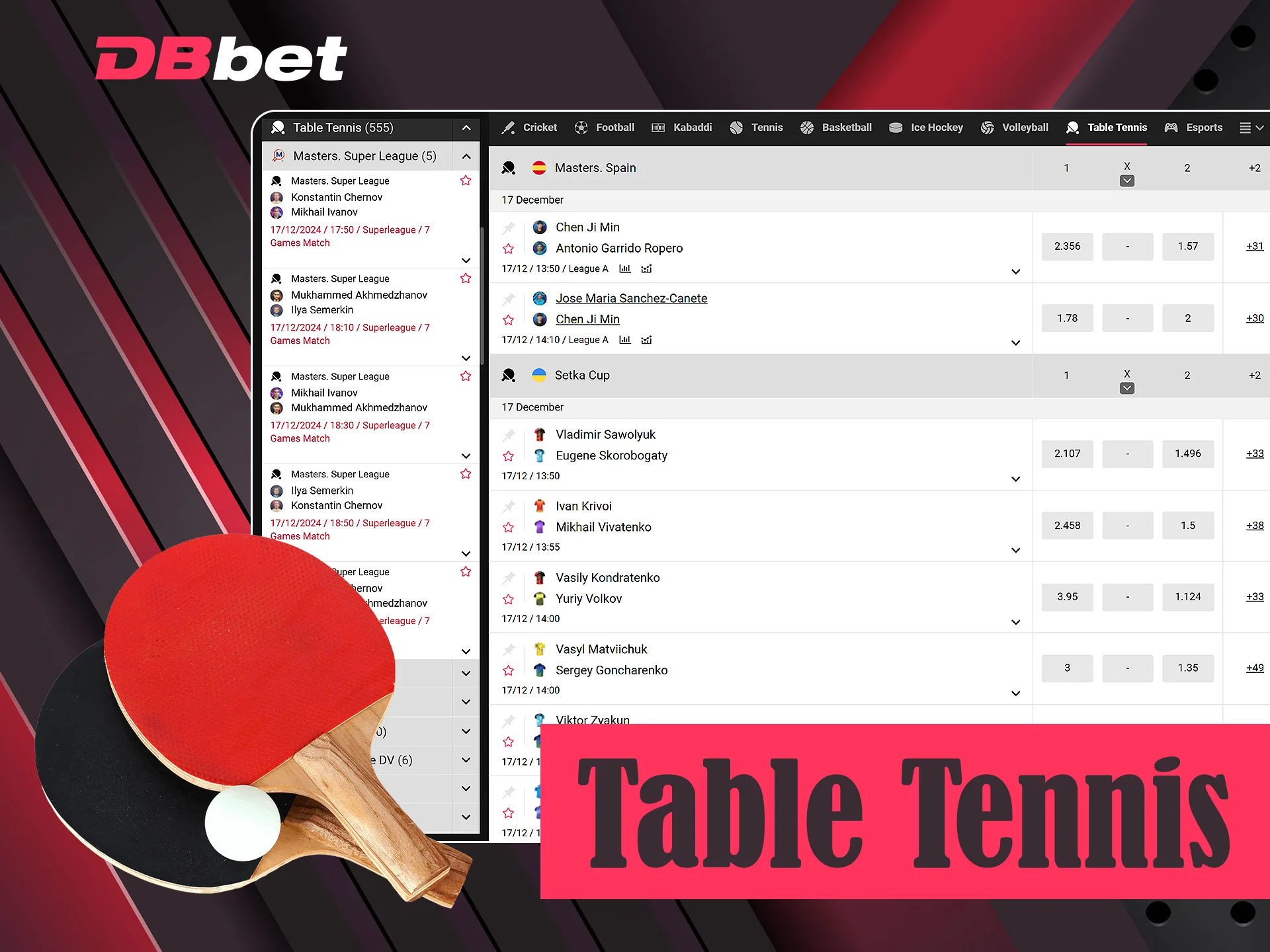 Watch and bet on table tennis at DBbet.