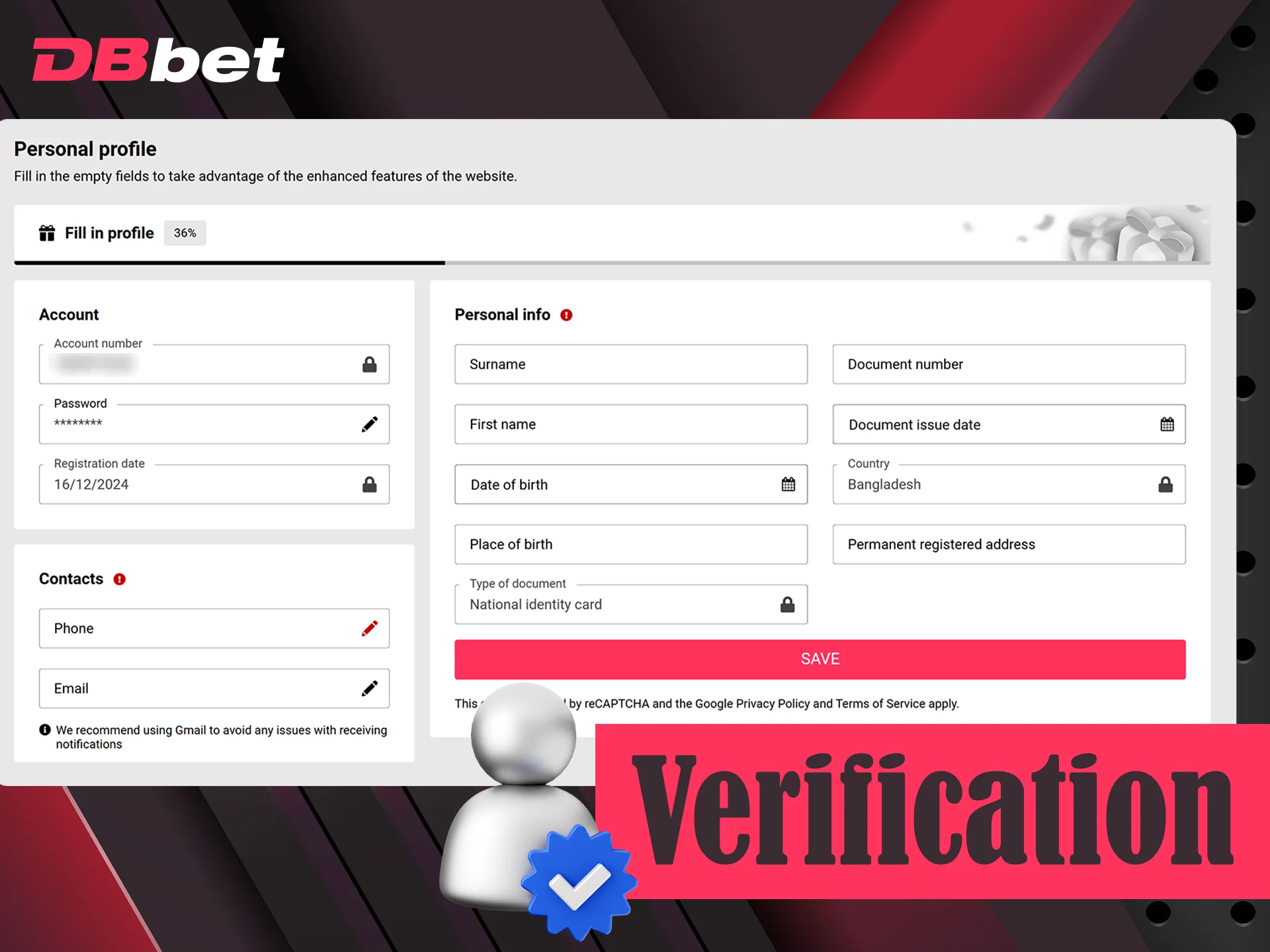 Verify your DBbet account by providing required data.