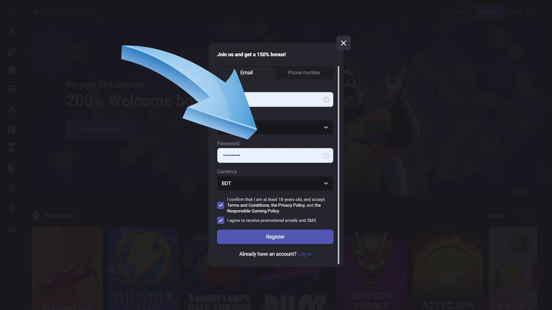 Create a password for x2casino.