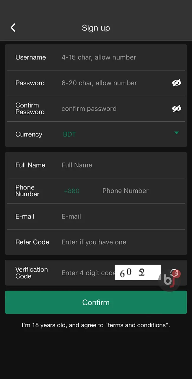 Baji app registration form.