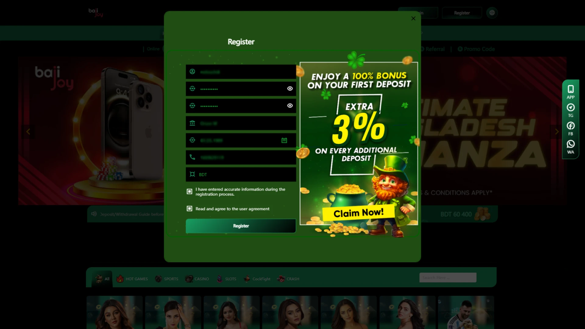 Fill in the required fields to create an account at Bajijoy.