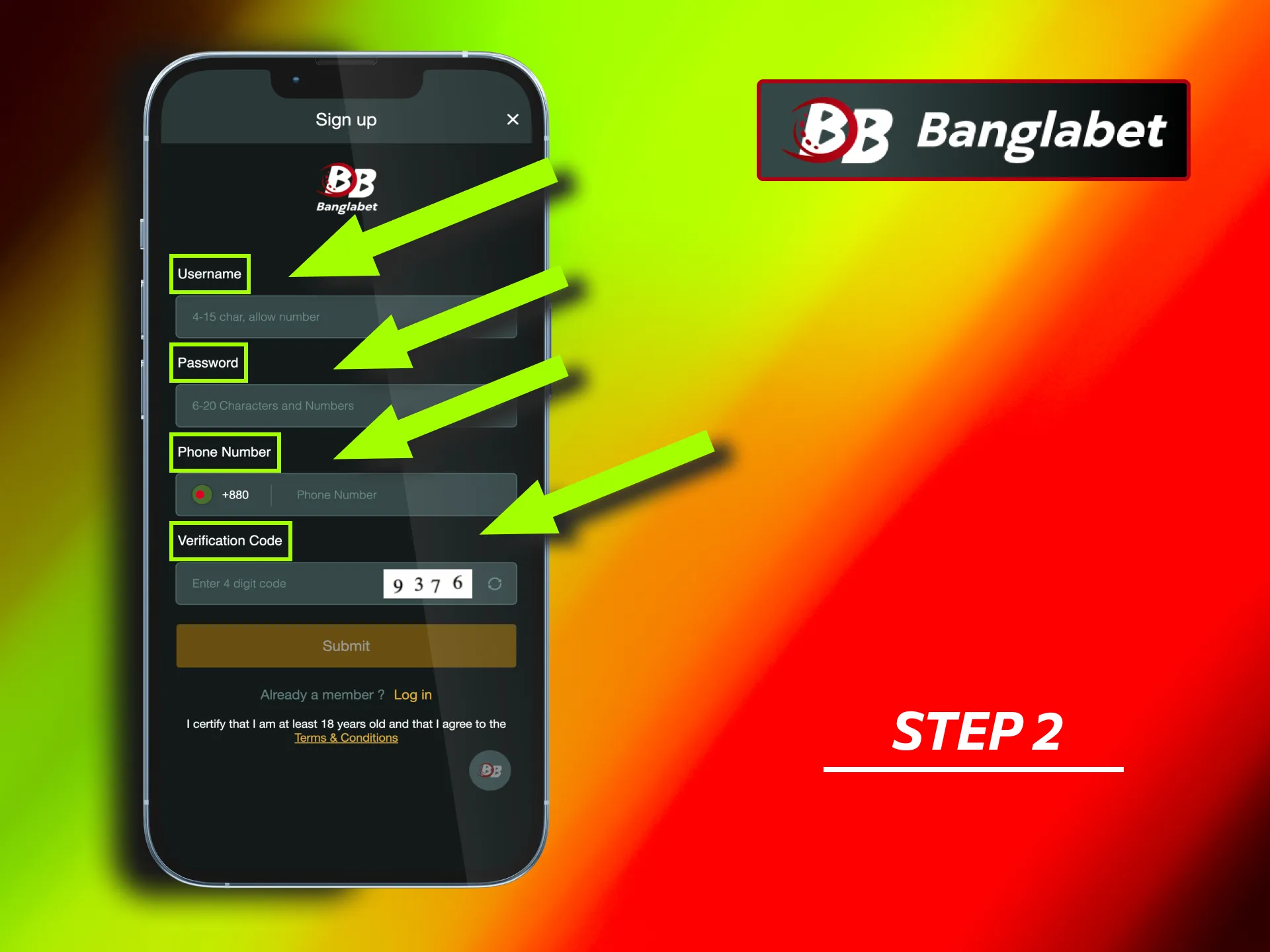 Fill out the Banglabet registration form, including username, password, and captcha code.