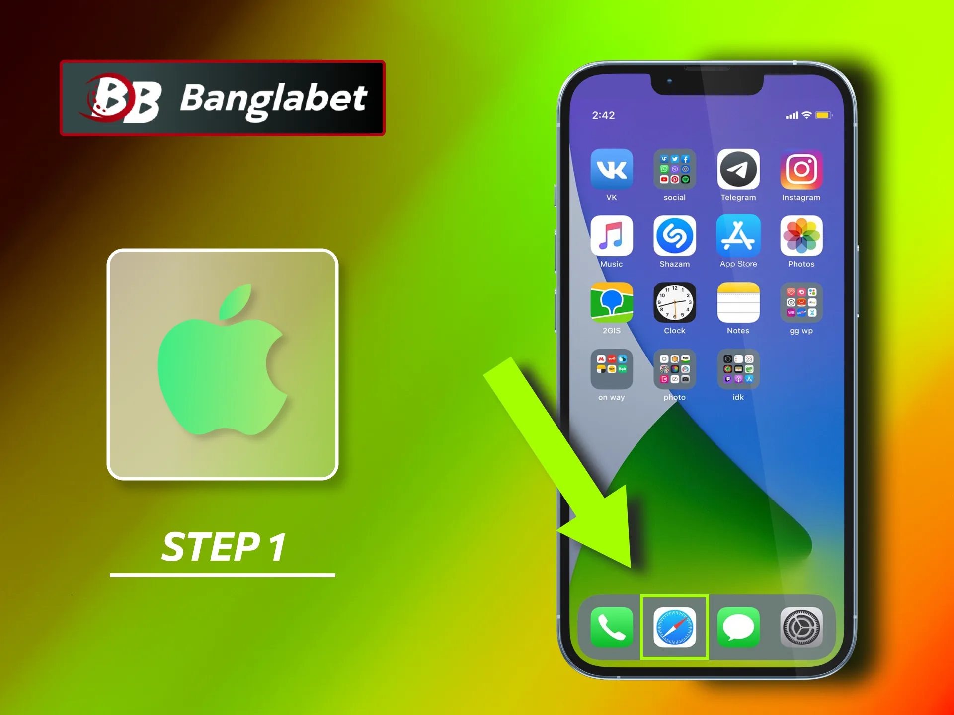 Open the Safari browser on your iOS device for Banglabet.