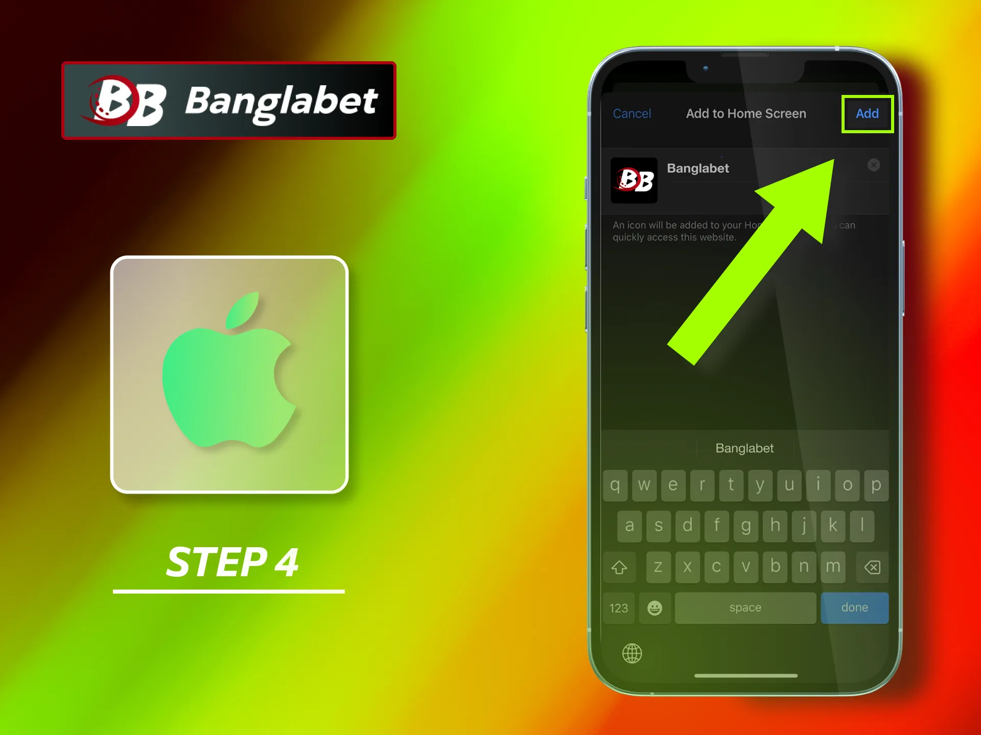 Choose a name for the app shortcut (Banglabet) and tap 'Add'.