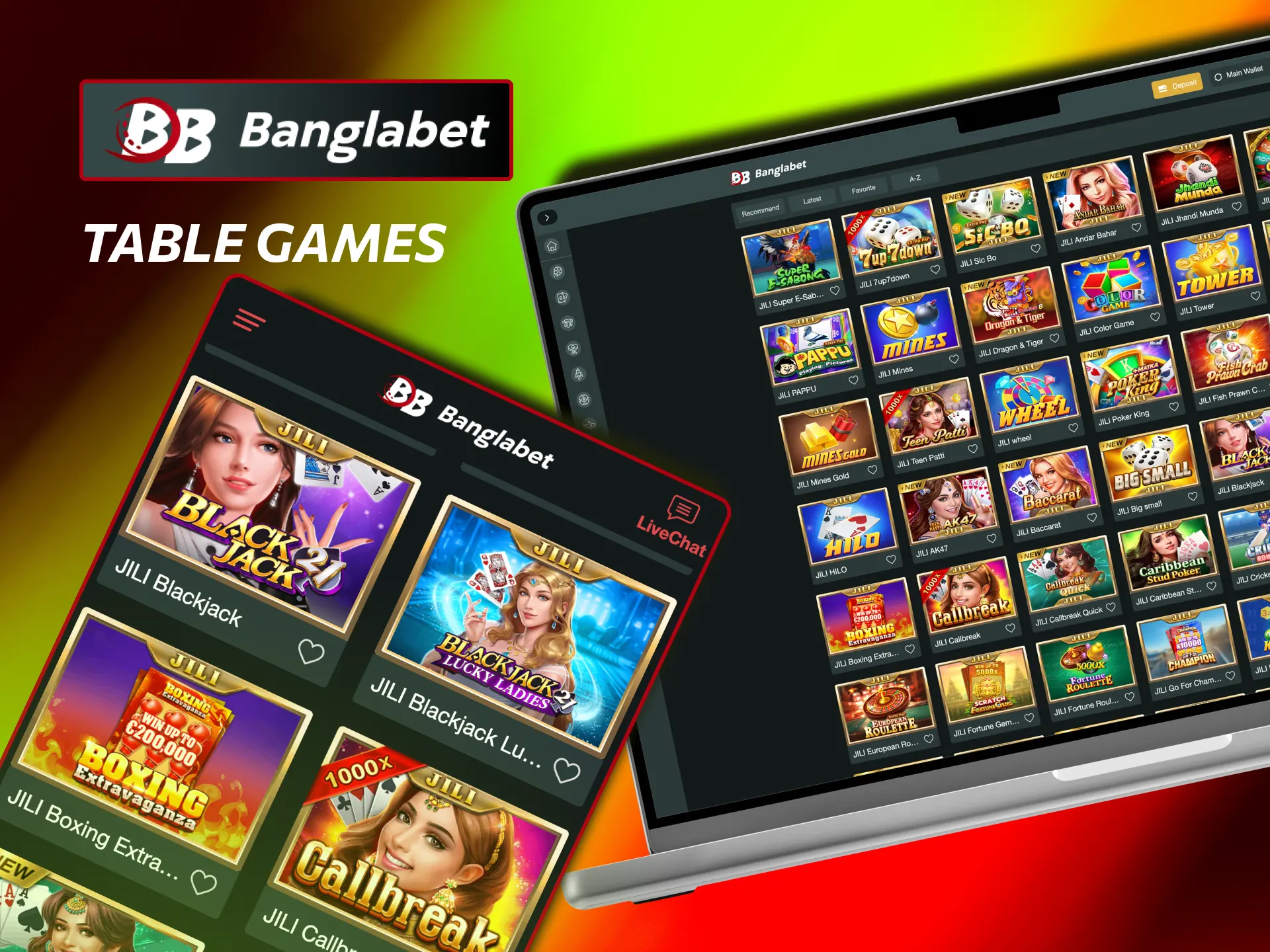 Test your skills with blackjack, roulette, poker, and baccarat with Table Games at Banglabet.