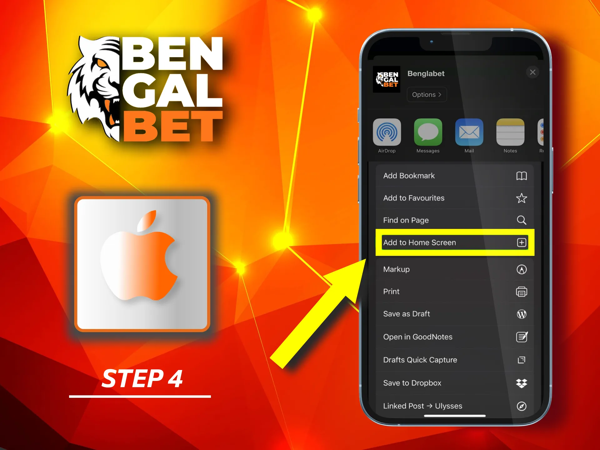 Find and select 'Add to Home Screen' by scrolling down to add Bengalbet.