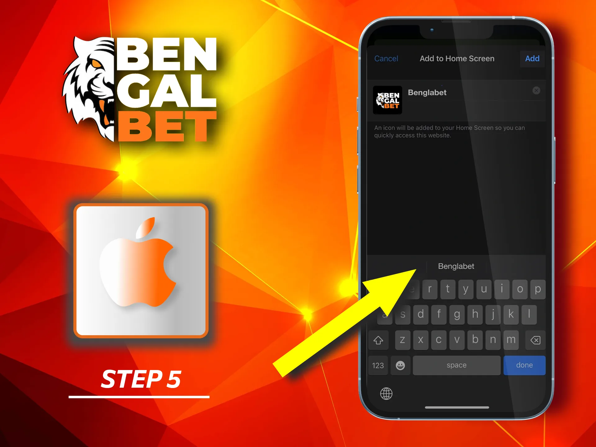 Choose a name for the shortcut, like 'Bengalbet,' and tap 'Add'.