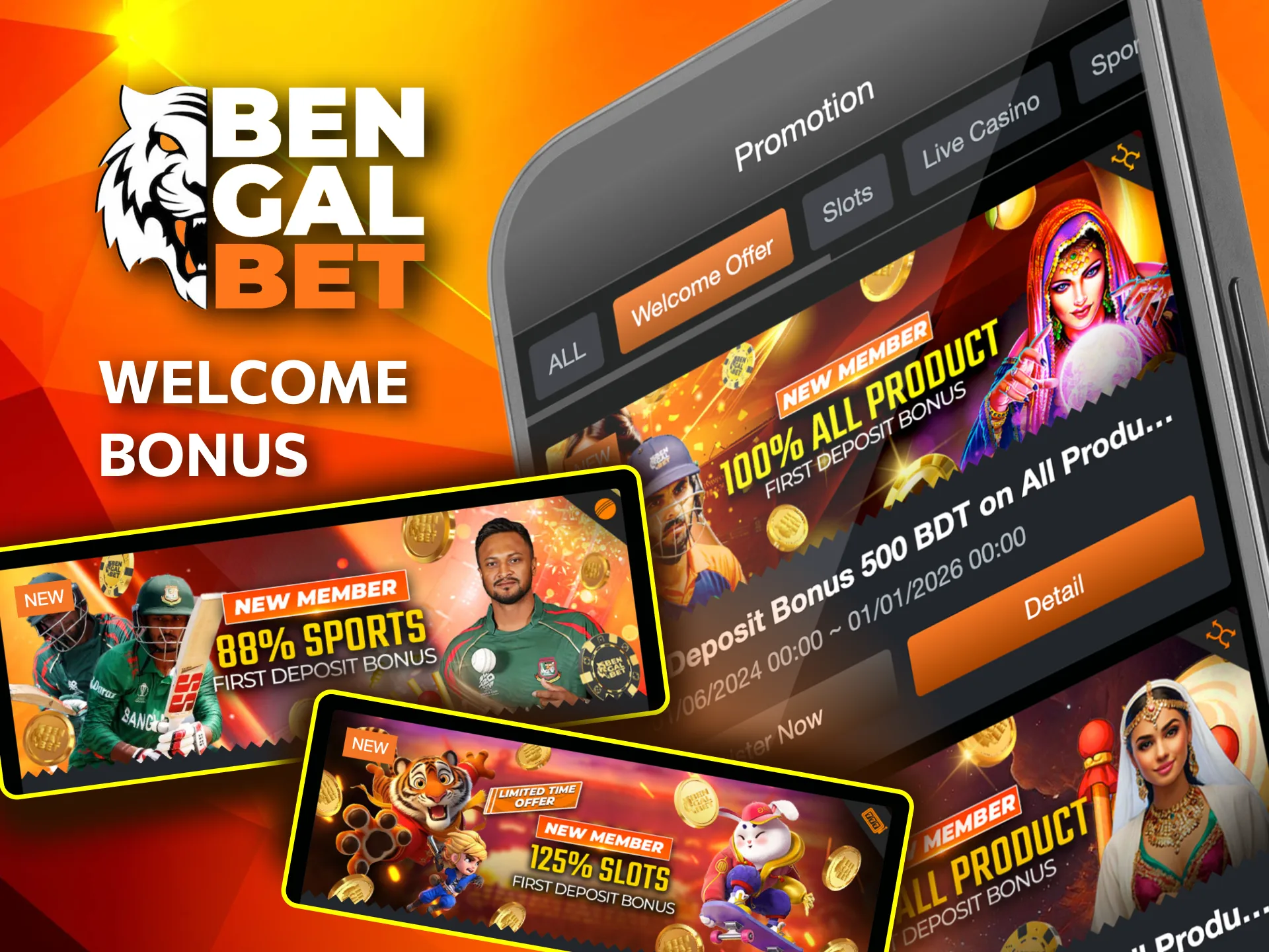 Claim a 125% First Deposit Bonus up to 6,000 BDT as a new customer on Bengalbet.