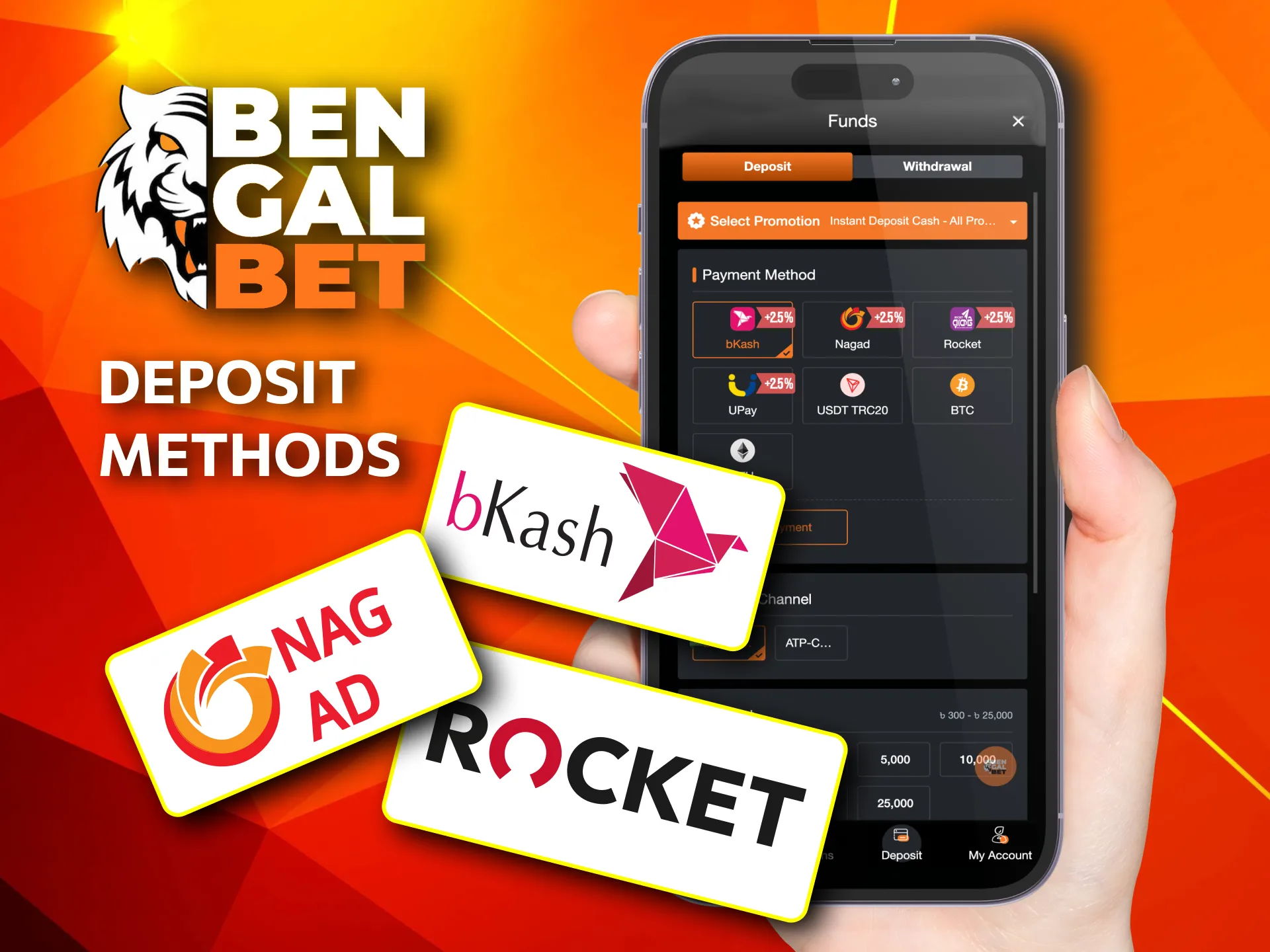 Make instant deposits on Bengalbet with methods like bKash, UPay, SureCash, and cryptocurrency.