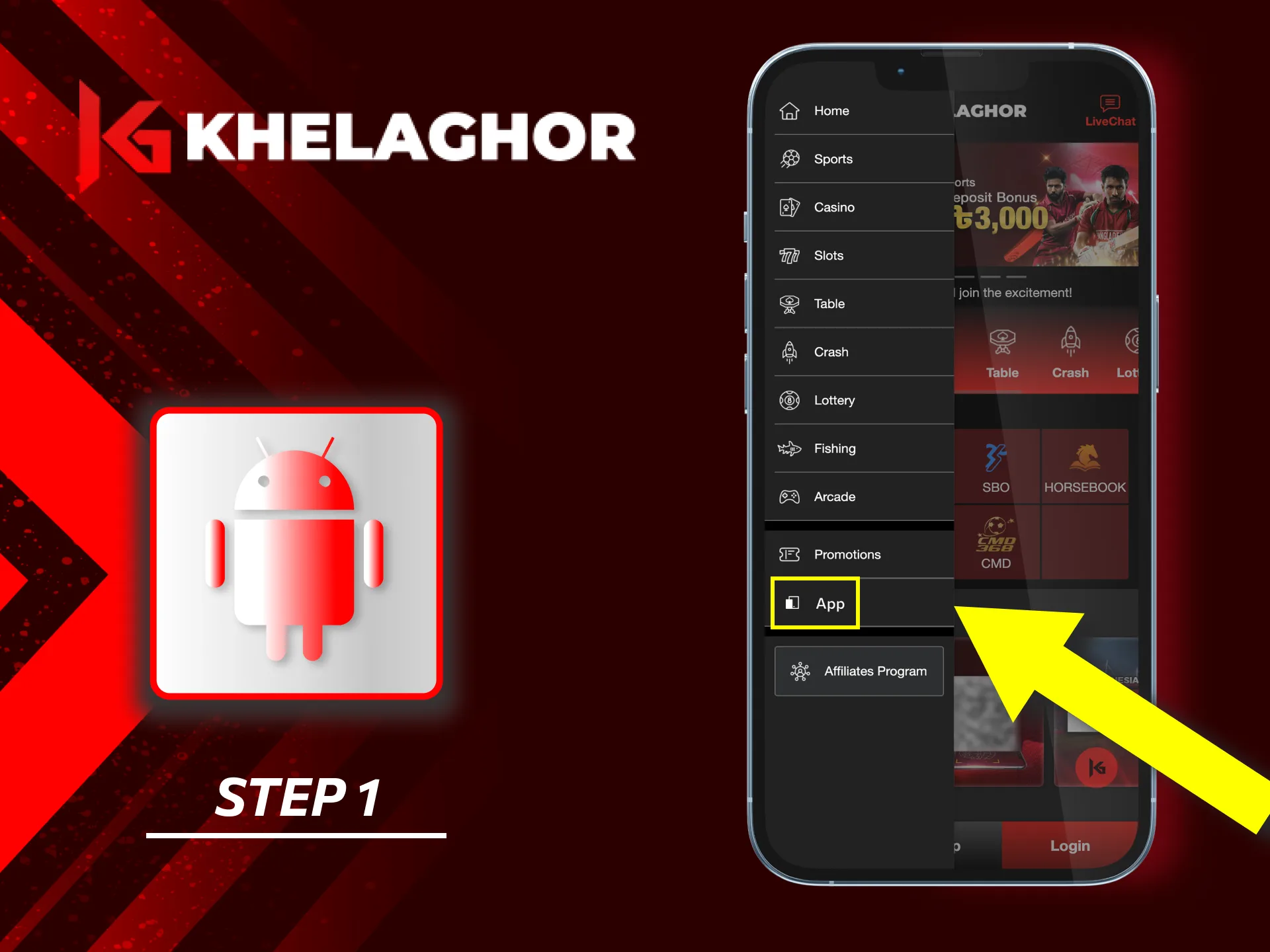 Find the Download button in the left pop-up menu on the Khelaghor website.