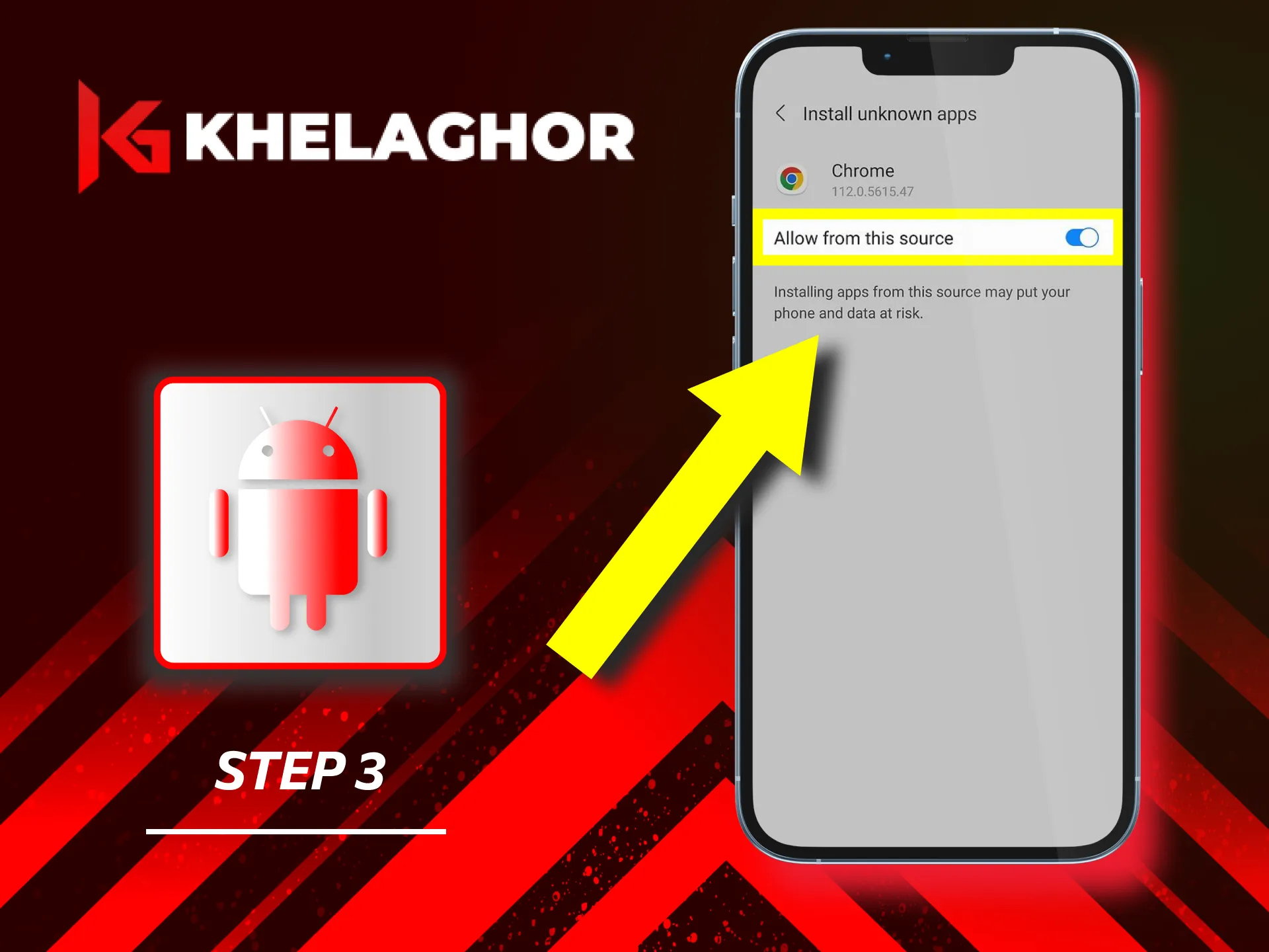 Allow installations from unknown sources in the phone settings before downloading the Khelaghor APK.