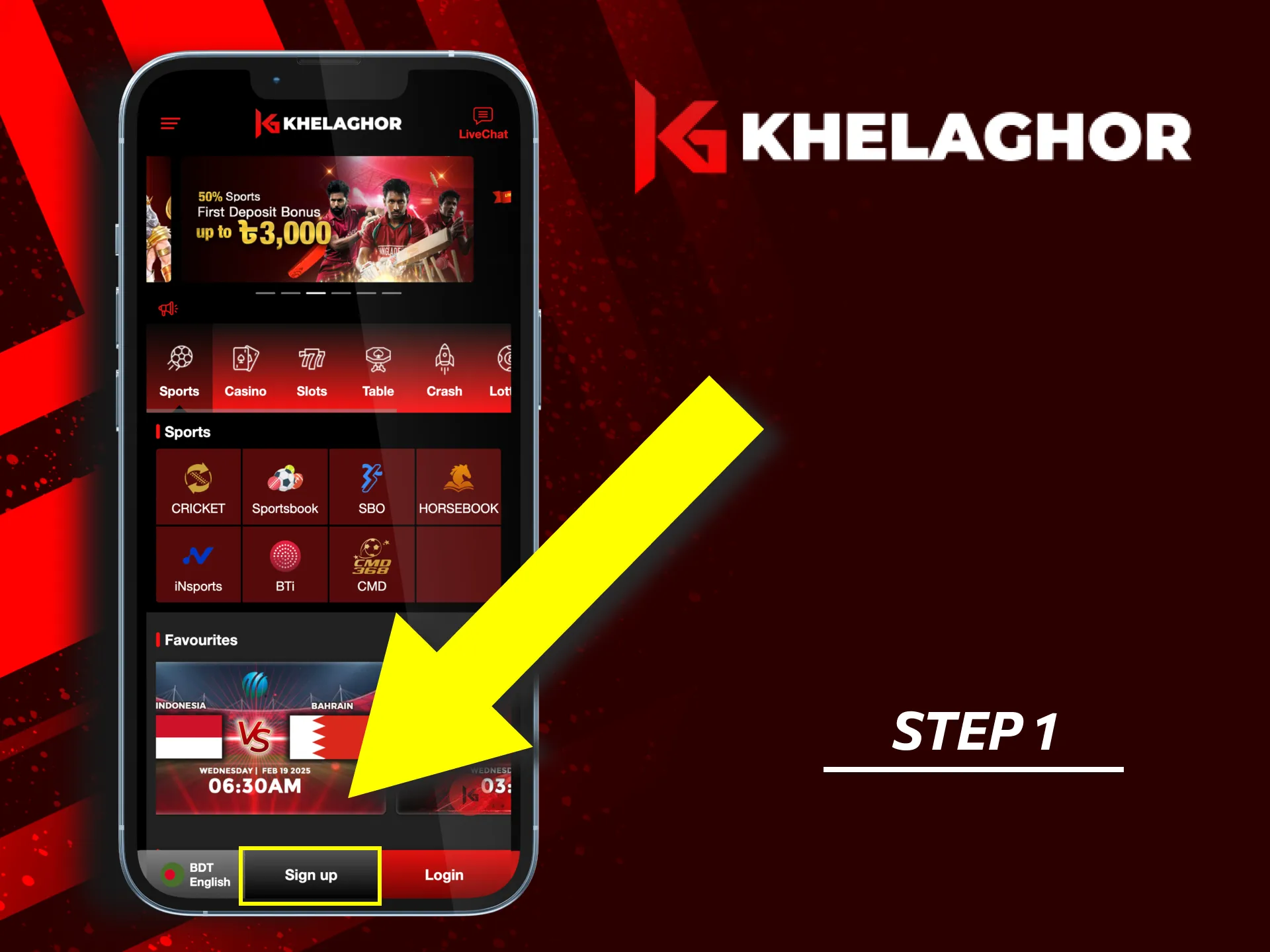 Begin by tapping the 'Sign Up' button on the main screen of the Khelaghor app.