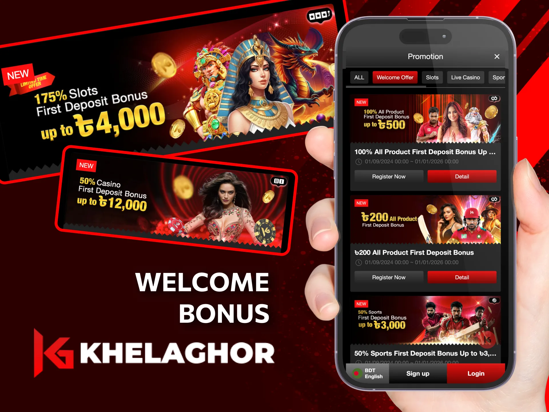 New users at Khelaghor can get a 100% First Deposit Bonus up to 500 BDT with a minimum deposit of 500 BDT.