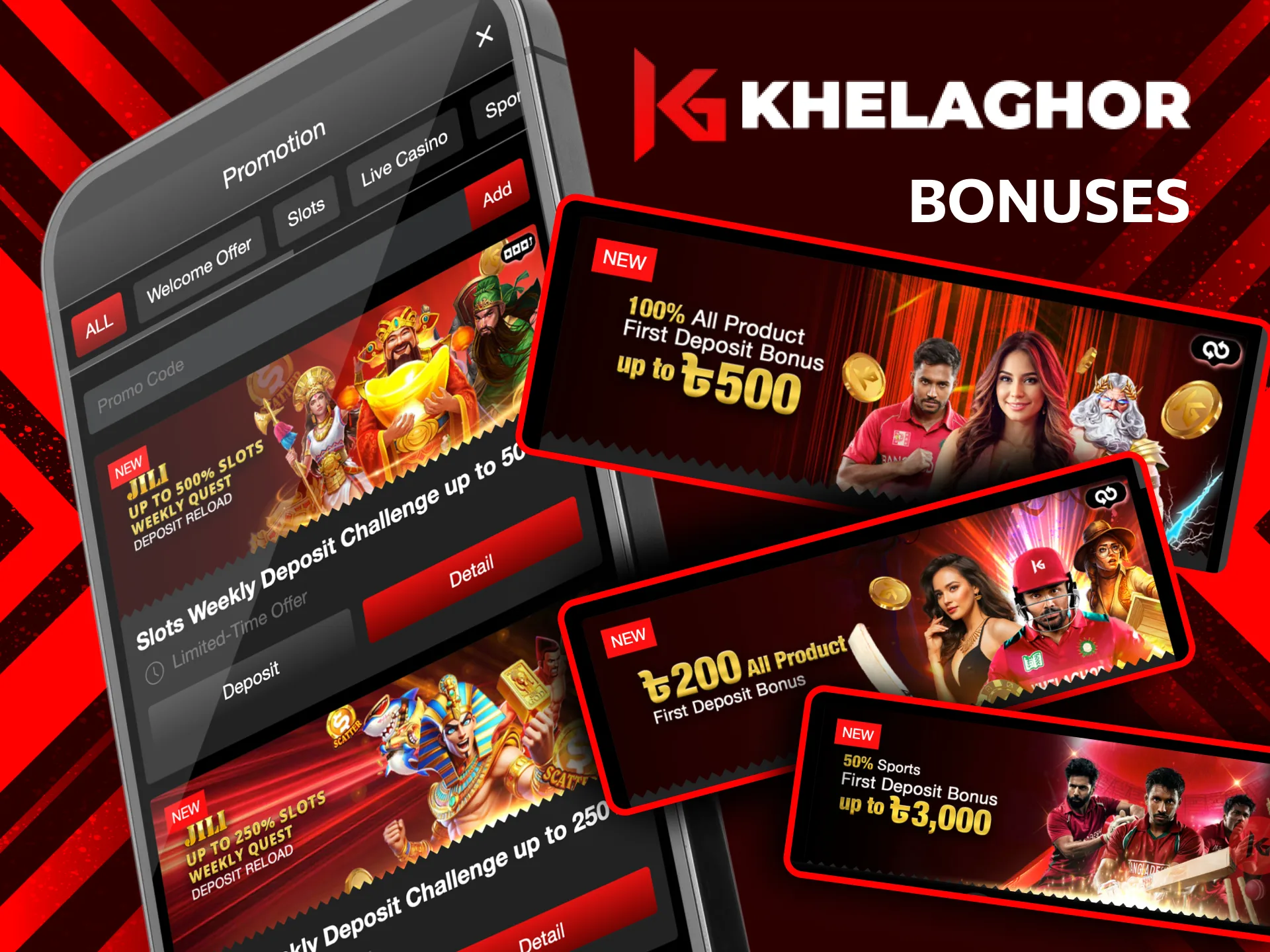 New players at Khelaghor can get bonuses for casino games, sports betting, and slots.