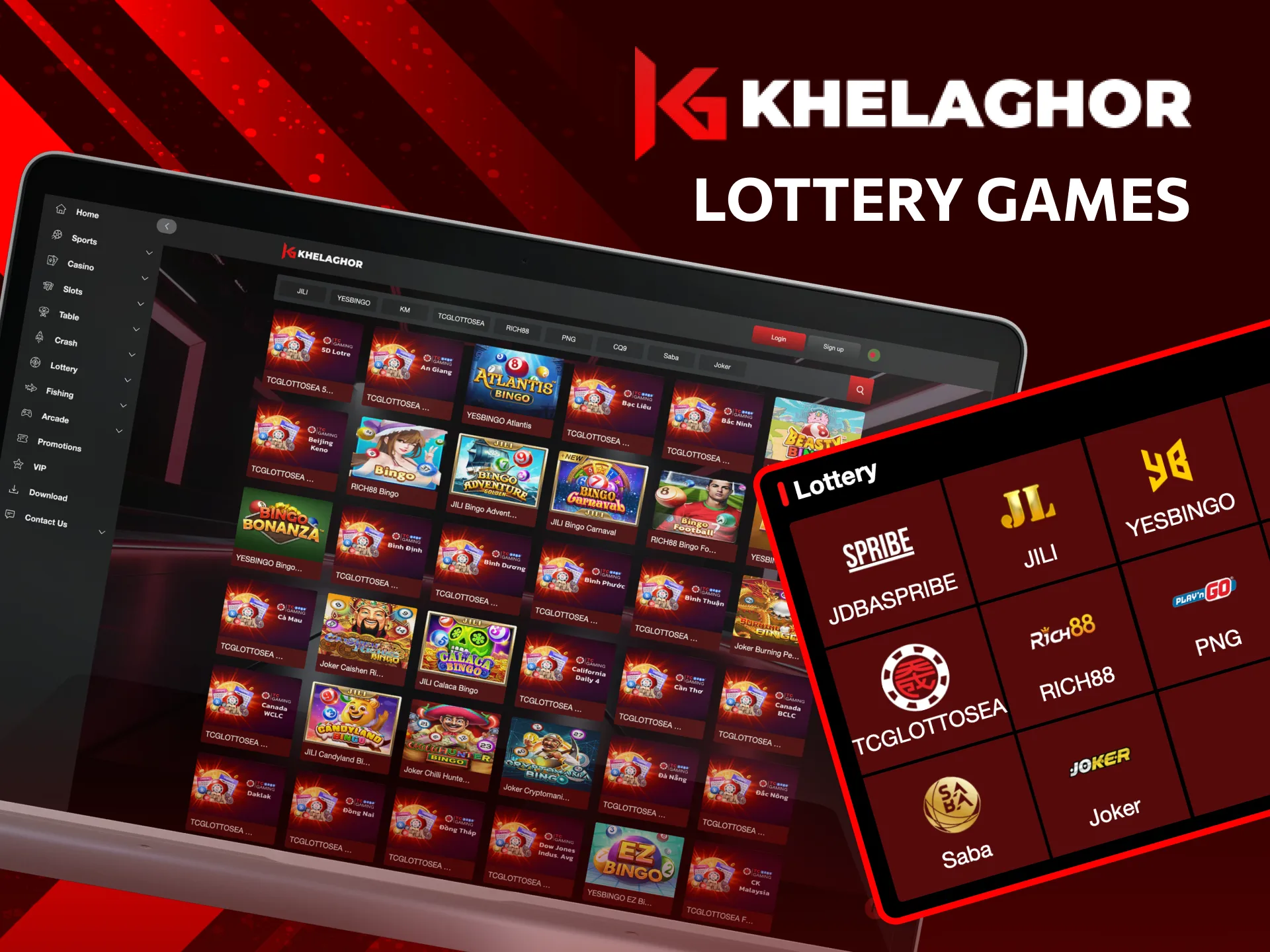 Enjoy lottery games on Khelaghor with popular providers like JILI, Saba, and Joker.