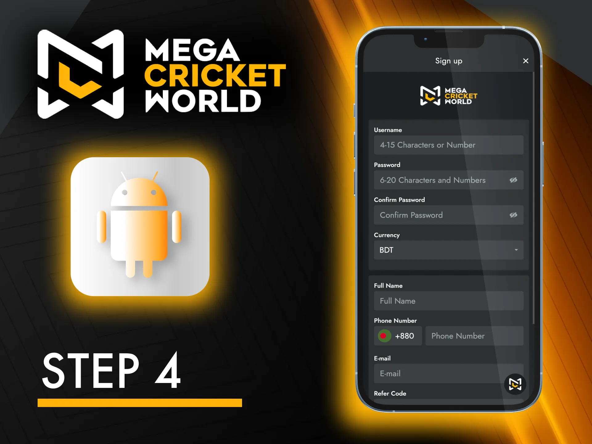 Launch Mega Cricket World app, sign in, or register an account.