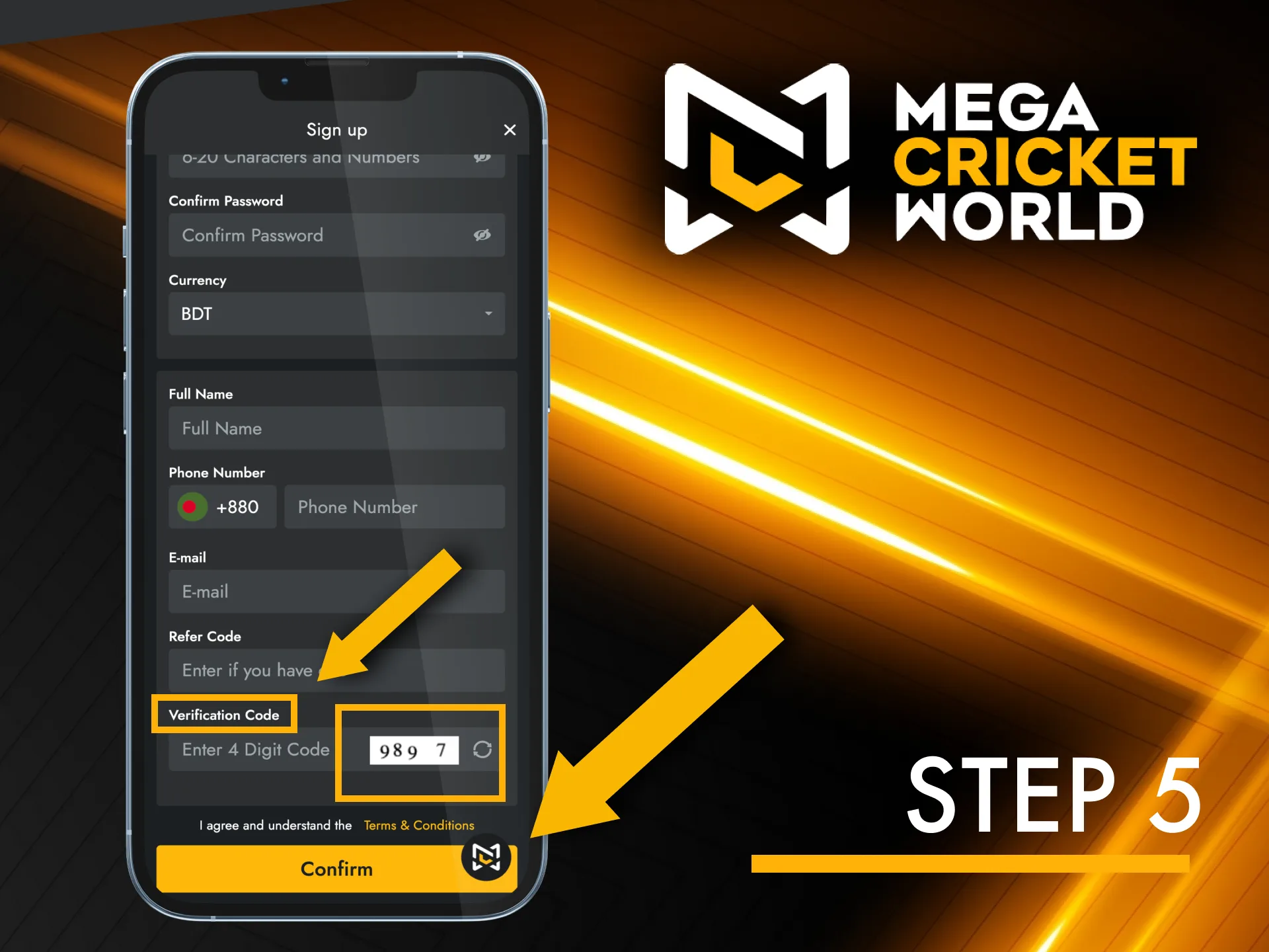 Finalize Mega Cricket World account by entering the code and clicking 'Confirm'.