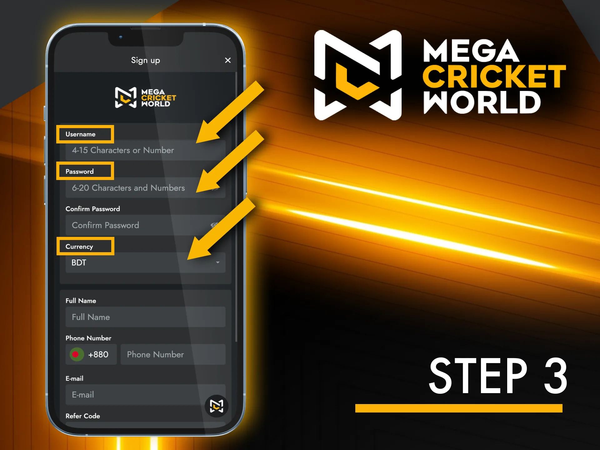 Choose a username, strong password, and BDT for Mega Cricket World.