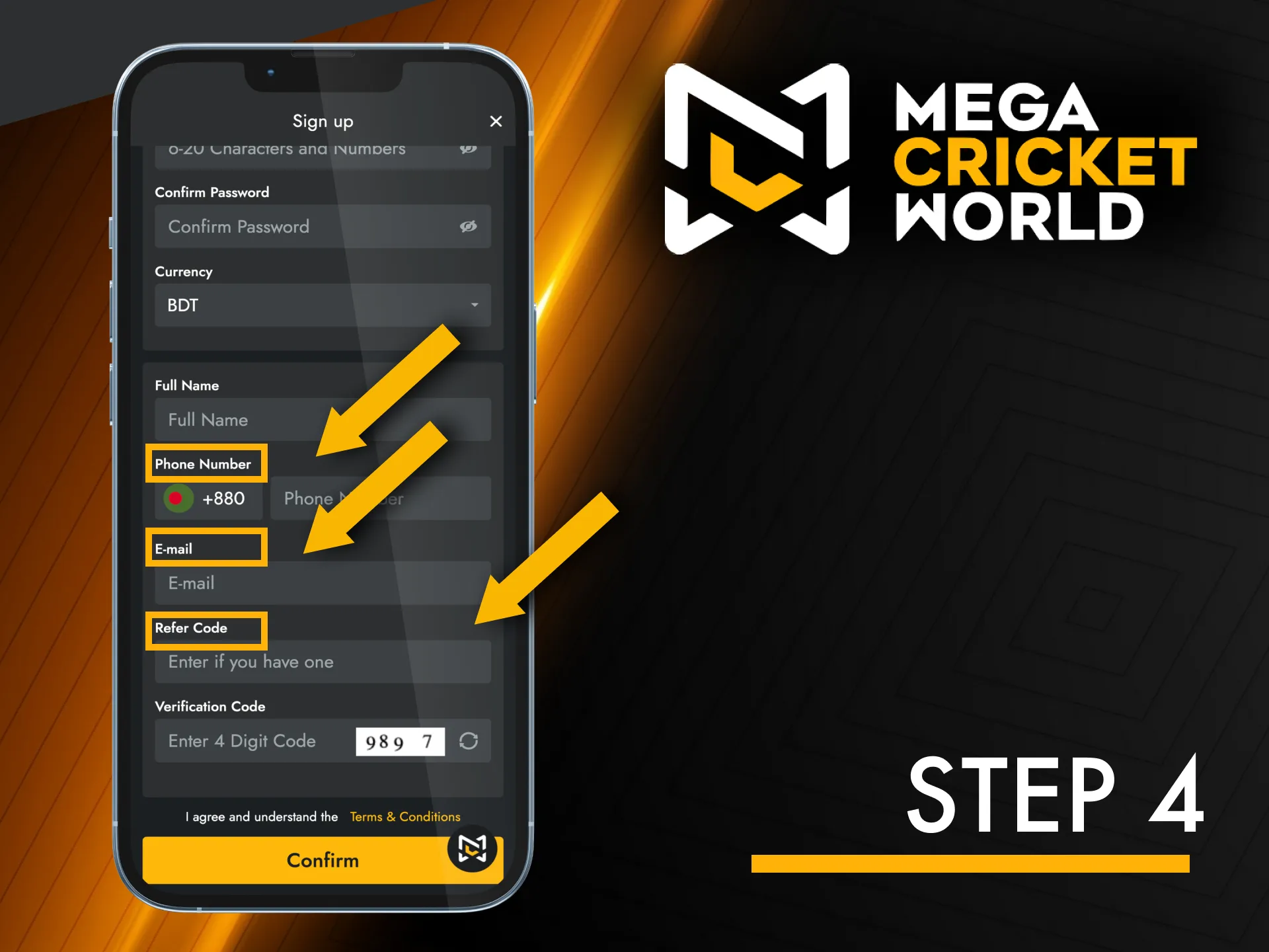 Input phone number, email, and promo code on Mega Cricket World.