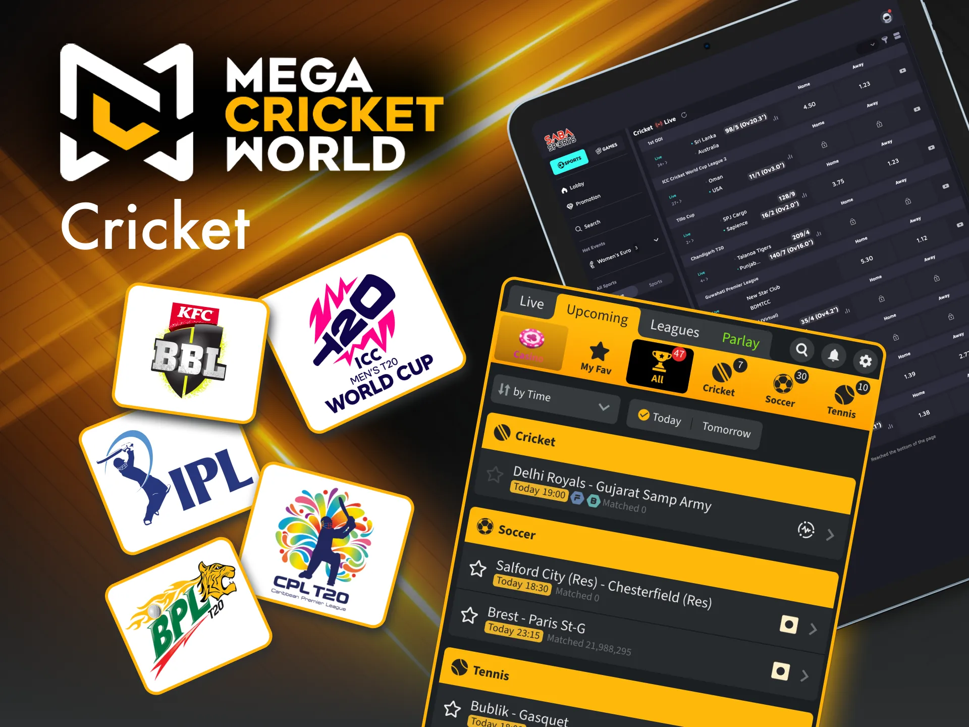 Bet on cricket at Mega Cricket World with around 30-50 matches daily available.