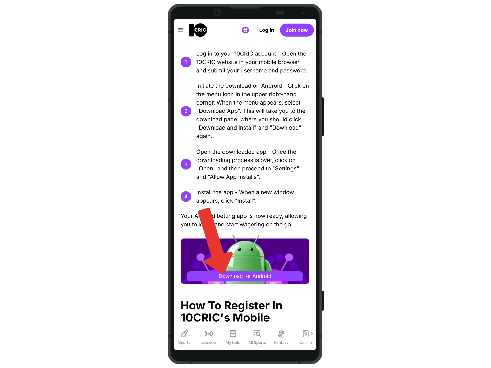 Find the Download for Android button on the 10Cric platform.