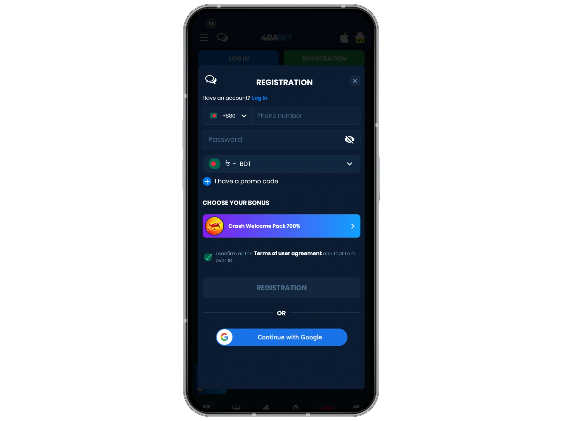 Create an account on the official 4rabet platform.