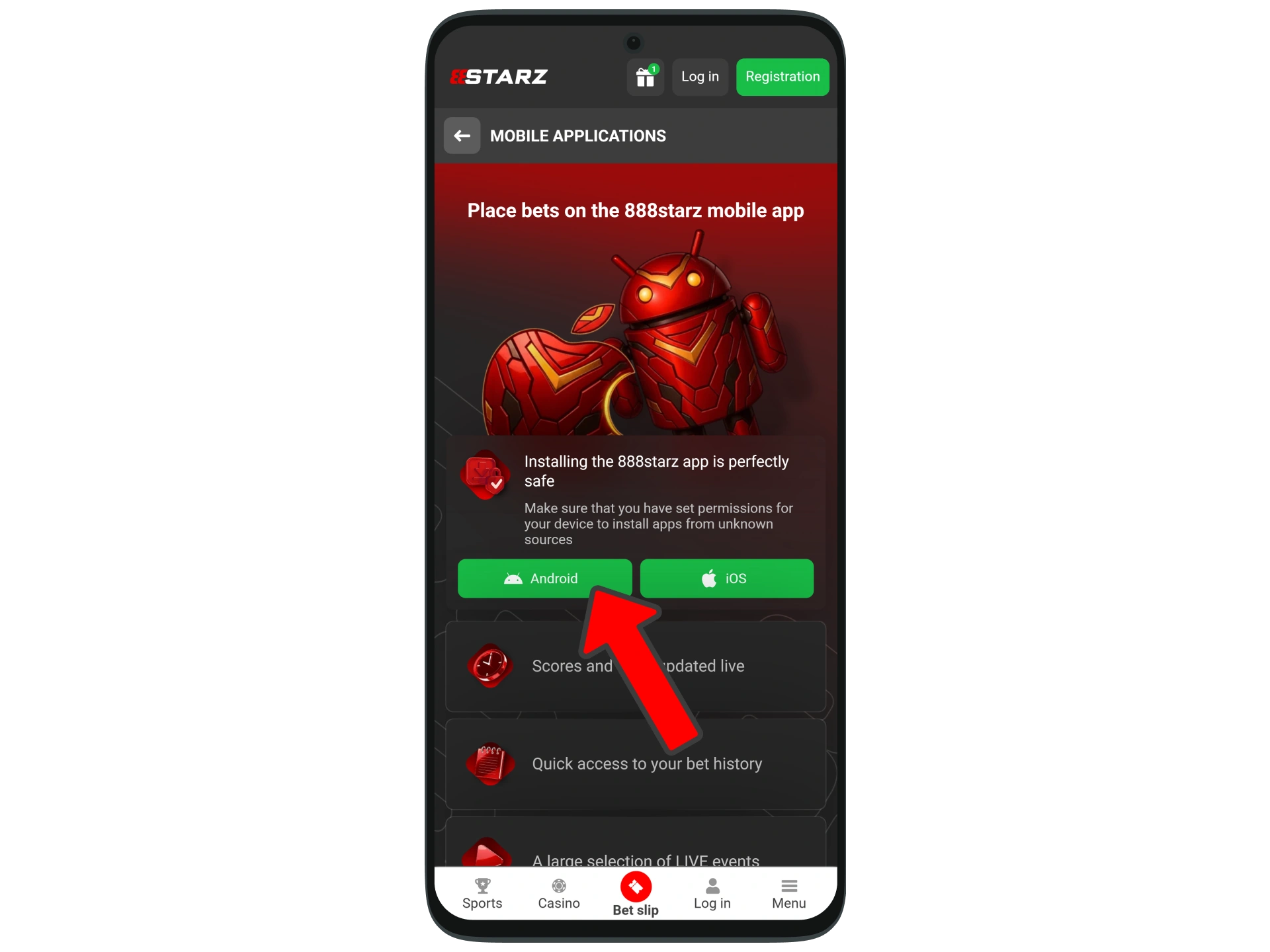 Find the mobile apps page on the 888Starz platform and download for Android.
