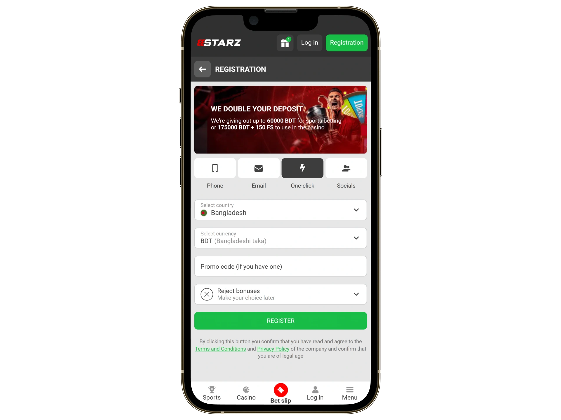 Choose a convenient registration method and sign up for 888Starz.