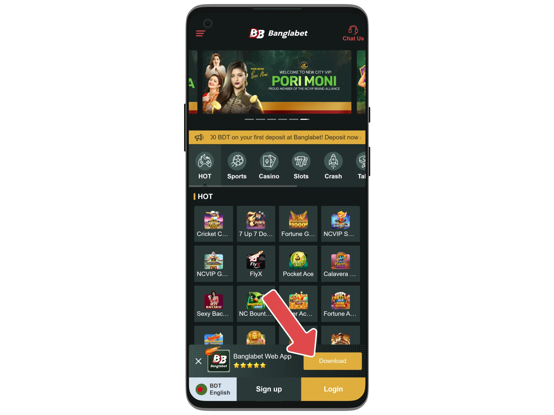In the pop-up menu, find the 'Download' button on Banglabet's website.